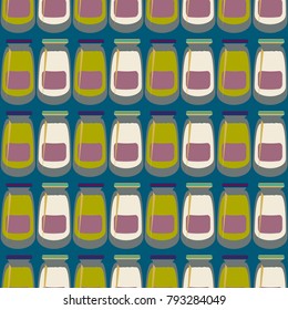 Jars with rustic home canning new seamless pattern for background.