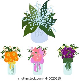 Jars set, bouquet of lilies in jar, vector illustration