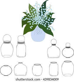 Jars set, bouquet of lilies  the valley in jar, vector illustration