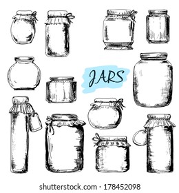 Jars. Set of hand drawn graphic illustrations in sketch style