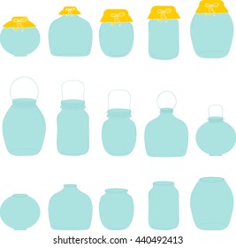 Jars set, jar with bow, silhouettes, vector illustration