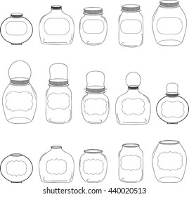 Jars set, jar with label, silhouettes, vector illustration