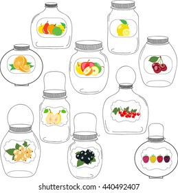 Jars set, label with fruits and berries, vector illustration