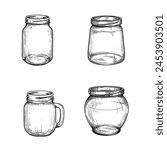 Jars sketch set. Hand drawn vintage looking empty utensils collection. Vector illustrations on white.