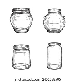 Jars sketch set. Hand drawn vintage looking empty utensils collection. Vector illustrations on white.