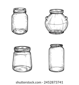 Jars sketch set. Hand drawn vintage looking empty utensils collection. Vector illustrations on white.