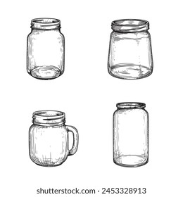 Jars sketch set. Hand drawn vintage looking empty utensils collection. Vector illustrations on white.