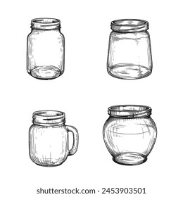 In: Jars Sketch Set. Handgezeichnete Vintage aussehende leere Utensilien Kollektion. Vektorillustrationen auf Weiß.