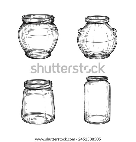 Jars sketch set. Hand drawn vintage looking empty utensils collection. Vector illustrations on white.