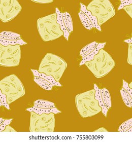 Jars in sketch style vector illustration. Hand drawn lemon jam seamless pattern