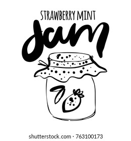 Jars in sketch style vector illustration. Hand drawn strawberry mint jam