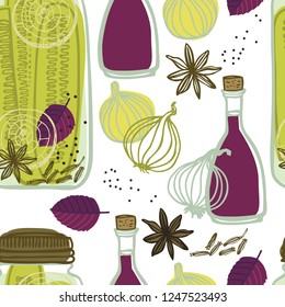 The jars with spicy cucumbers and onions Vegetables set Seamless pattern