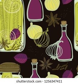 The jars with spicy cucumbers and onions Vegetables set Seamless pattern Dark background set
