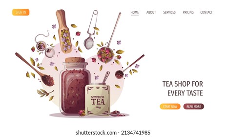 Jars, spoons and scoop of loose tea, infuser, strainer. Tea shop, cafe-bar, tea lover, tea party, kitchen concept. Vector illustration for poster, banner, website, menu, advertising. 