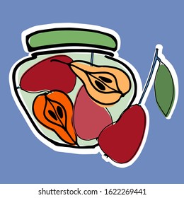 Jars with stewed pears vector illustration. Healthy, organic foods, veganism theme. Home canning theme. Isolated on blue