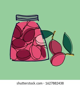 Jars with stewed plums vector illustration. Healthy, organic foods, veganism theme. Home canning theme. Isolated on blue