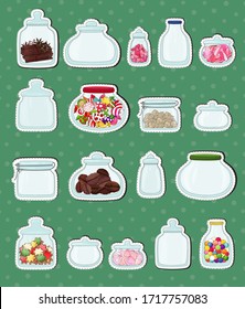 Jars stickers set. Food storage in glass. Glass jar  different shape and style with lollypops, marshmallow, cookies. Zero waste, storage container collection. Hand drawn, empty jars sticker isolated.