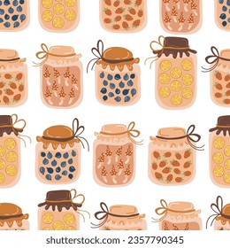 Jars with strawberry, blueberry, lemon, mushroom jam. Hand drawing. Simple pattern. Vector illustration