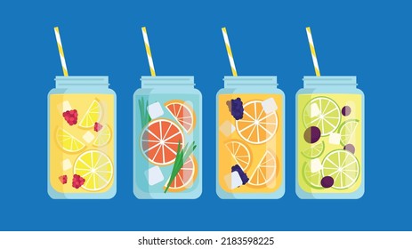 Jars with straws with lemonades and fruit drinks