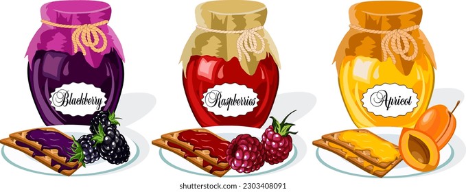 Jars and toasts with jam.Vector illustration with jam in jars, berries and toast on plates.