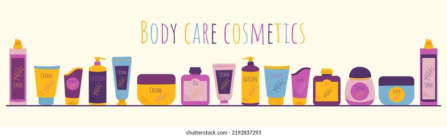 Jarras y tubos con pancarta de cosméticos. Cosméticos de cuidado corporal. Ilustración vectorial en estilo plano.