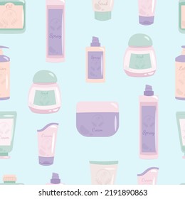 Jars and tubes with cosmetics seamless pattern. Body care cosmetics. Vector illustration in flat style.