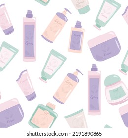 Jars and tubes with cosmetics seamless pattern. Body care cosmetics. Vector illustration in flat style.