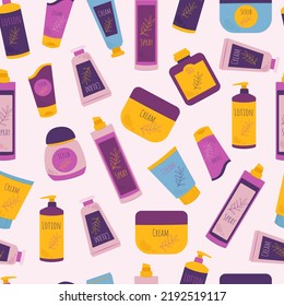 Jars and tubes with cosmetics seamless pattern. Body care cosmetics. Vector illustration in flat style.
