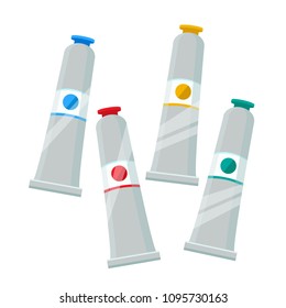  jars, tubes with paint for painting, different colors. Back to school. First day in school.  Modern flat vector illustration icons. Isolated on white. School of drawing, creativity, waterc