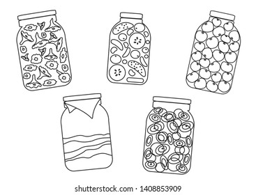 Jars with various salads on a white background. Vector illustration. 