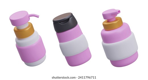 Jars of various types for cosmetics. Soap, gel, shampoo, perfume. Pink bottles with blank labels. Isolated templates for online stores of care cosmetics, bath products