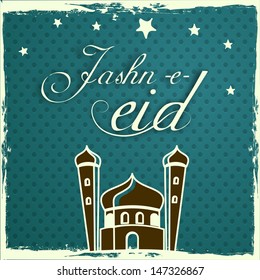 Jashn E Eid (Celebration of Eid Festival) text with mosque design on abstract blue background. 