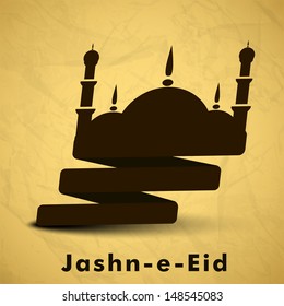 Jashn E Eid (Celebration of festival Eid) Concept with mosque on grungy brown background. 