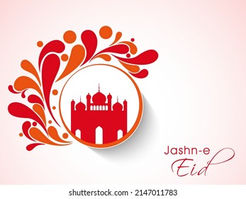 Jashn-E-Eid Celebration Concept With Red Silhouette Mosque And Paisley Arc Drops On Glossy Light Pink Background.