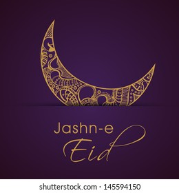 Jashn-E-Eid (Celebration of festival Eid) concept with beautifully floral design decorated crescent moon on abstract purple background.