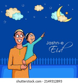 Jashn-E-Eid Celebration Poster Design With Cheerful Islamic Man And His Son Looking Crescent Moon On Blue Background.