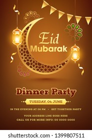 Plantilla de cena Jashn-e-eid o diseño de volante con luna de linterna iluminada sobre fondo marrón brillante.
