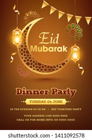 Jashn-e-eid dinner party template or flyer design with illuminated lantern moon on shiny brown background.