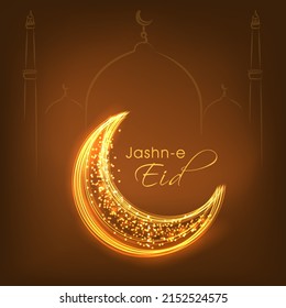 Jashn-E-Eid-Lettern mit Lichteffekt Crescent Moon auf braunem, linearem Moschee-Hintergrund.