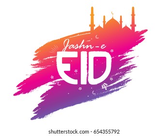 Jashn-e-Eid Mubarak background with Mosque and abstract brush strokes, Muslim Community Festivals celebration concept.