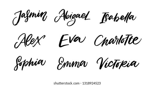 JASMIN, ABIGAEL, ISABELLA, ALEX, EVA, CHARLOTTE, SOPHIA, EMMA, VICTORIA. ENGLISH HAND LETTERING NAMES 