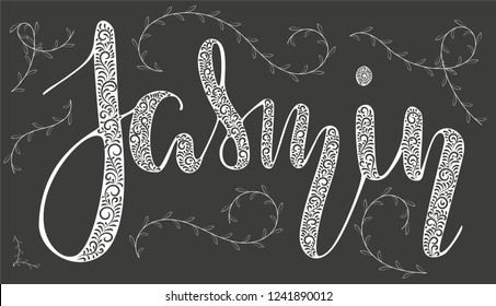 Jasmin Woman's name pattern Hand sketched lettering vector illustration EPS 10 Template as banner, card, design, print, poster Curves typography wallpaper Modern calligraphy Floral drawn inspirational