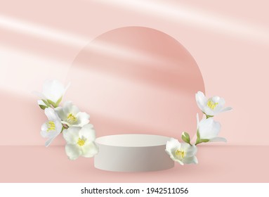 Jasmine branches vernal flower bush blossom and 3d pink scene rendering with podium. Minimal pink Easter or Mother's Day scene platform, stage scene for cosmetic product show.  Mock orange jasmine.