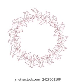 Jasmine circle wreath with line art pink flower . Floral frame for wedding card, tag or illustration. Vector background