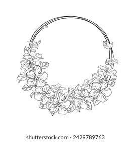Jasmine circle wreath with line art flower and leaves. Floral frame for card or illustration, coloring page. Vector background.