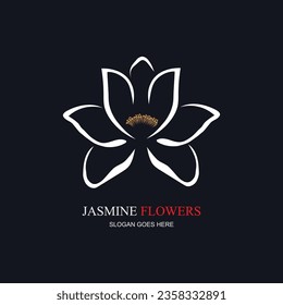 Jasmine element vector logo. Round emblem in minimal linear style - natural product design, florist, cosmetics, ecology concept, wellness, spa, raw food package.