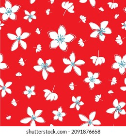 Jasminblume, Vektorgrafik, nahtlos Muster Hintergrund. Handgezeichnete Blumenköpfe, Blüten, Blütenblätter. Roter weißer Hintergrund.Botanische Wiederholung für Heilpflanze. Alles über Druck für Wellness