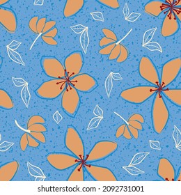 Jasminblume, Vektorgrafik, nahtlos Muster Hintergrund. Handgezeichnete Blumenköpfe, Blüten, Blätter, Blütenblätter. Blaue orangefarbene Hintergrund. Botanische Wiederholung für Heilpflanzen. Überall auf Druck