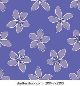 Jasmine floral vector seamless pattern background. Line art hand drawn flower heads, blossom, petals. Monochrome periwinkle purple violet backdrop.Botanical repeat for medicinal healing plant.