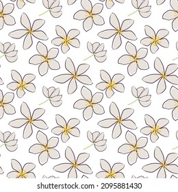 Jasmine floral vector seamless pattern background. Line art hand drawn flower heads, blossom, petals. Neutral backdrop.Botanical repeat for medicinal healing plant. All over print for wellness